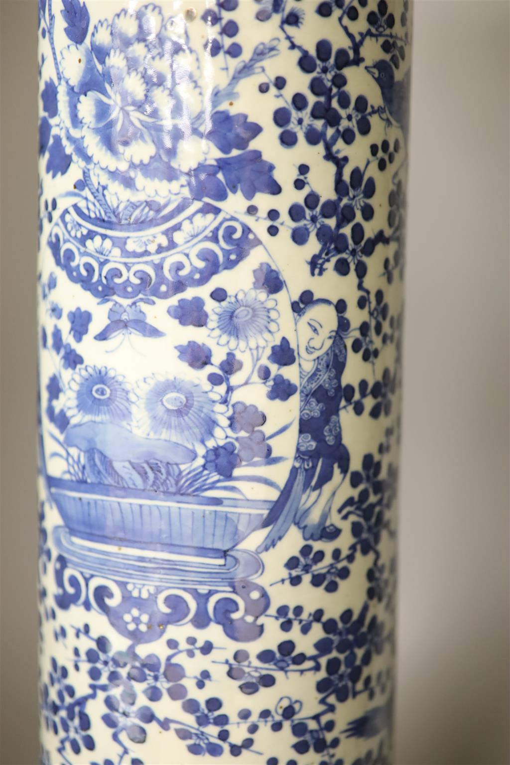 A large 19th century Chinese blue and white sleeve vase, height 62cm (a.f.)